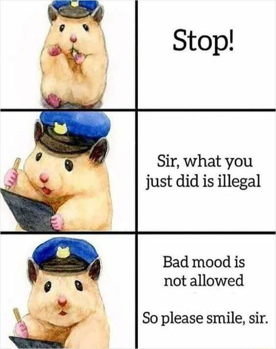 Sir what you just did is illegal Bad mood is not allowed So please smile sir