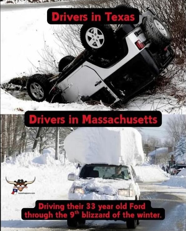 Drivers in Texas
Drivers in Massachusetts
Driving their 33 year old Ford through the 9th blizzard of the winter.