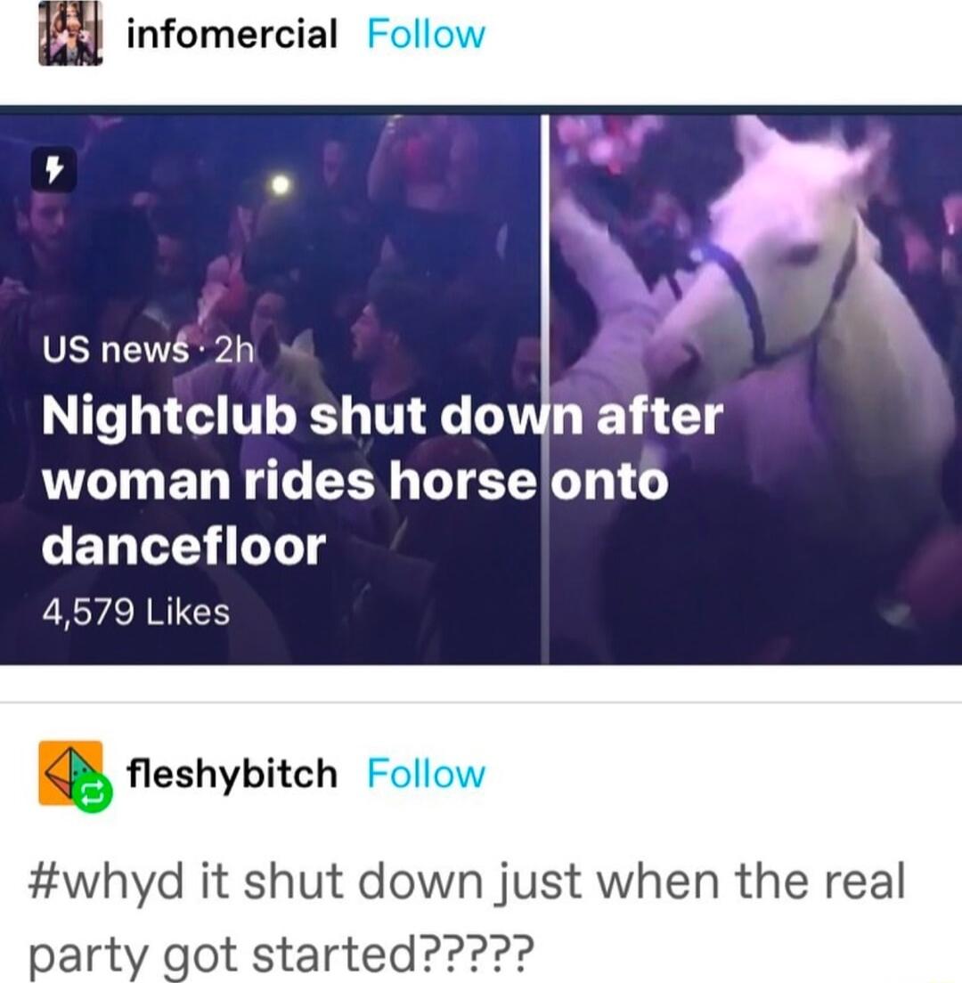 US news 2h Nightclub shut down after woman rides horseonto CELT LT 4579 Likes KB fleshybitch whyd it shut down just when the real party got started