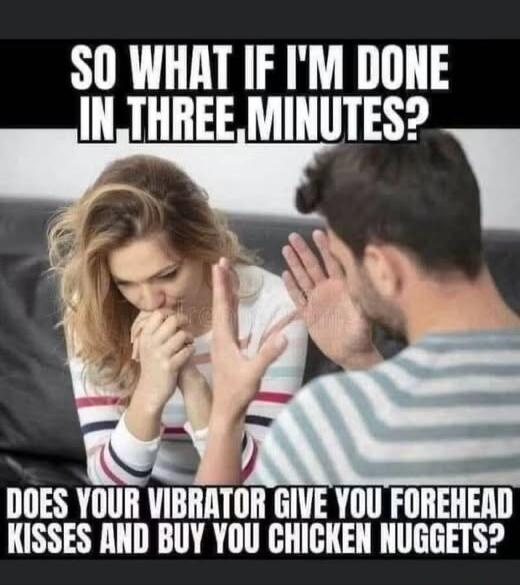 SO WHAT IF I'M DONE IN THREE MINUTES? DOES YOUR VIBRATOR GIVE YOU FOREHEAD KISSES AND BUY YOU CHICKEN NUGGETS?