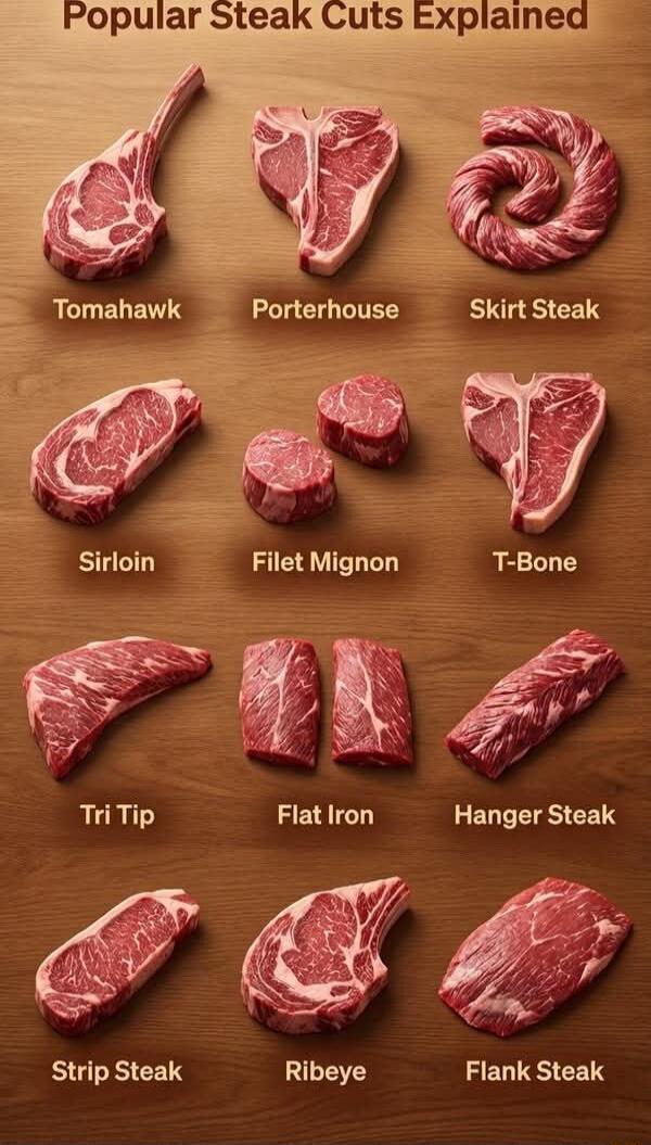 Popular Steak Cuts Explained
Tomahawk
Porterhouse
Skirt Steak
Sirloin
Filet Mignon
T-Bone
Tri Tip
Flat Iron
Hanger Steak
Strip Steak
Ribeye
Flank Steak