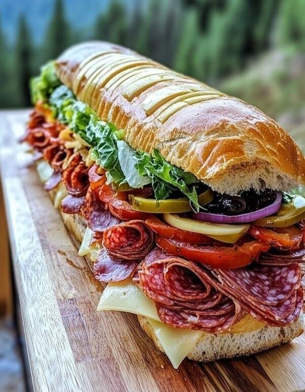 A giant submarine sandwich filled with various cold cuts, cheese, lettuce, tomatoes, pickles, and olives, served on a wooden cutting board.