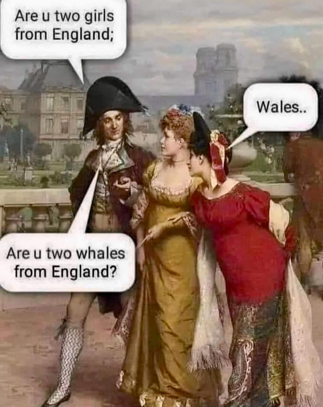 Are u two girls from England;
Wales..
Are u two whales from England?