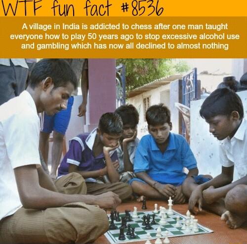 WIF 1un tact Avillage in India is addicted to chess after one man taught everyone how to play 50 years ago to stop excessive alcohol use and gambling which has now all deciined to almost nothing