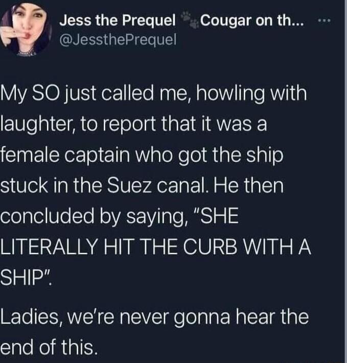 PEEER R T 1 I oo TTT T o1y I W RS G My SO just called me howling with laughter to report that it was a CINEICYeETolEla R sloNelo R alE alfe stuck in the Suez canal He then concluded by saying SHE LITERALLY HIT THE CURB WITH A SHIP Ladies were never gonna hear the end of this