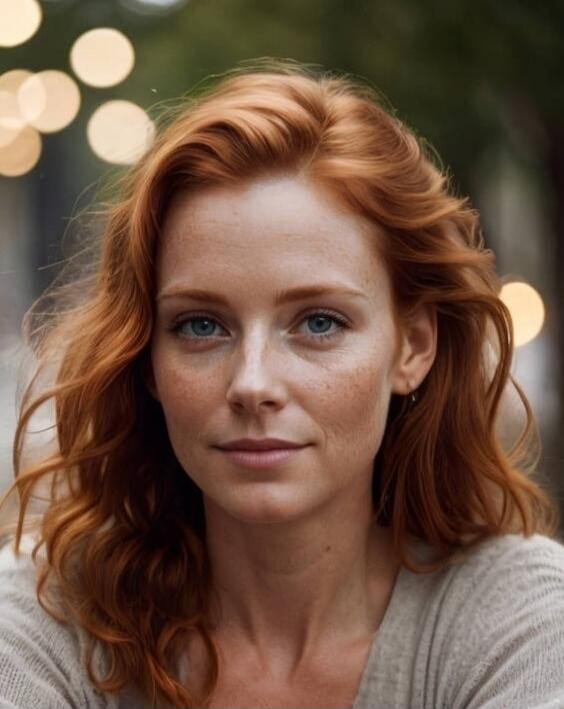 A portrait of a woman with red hair and blue eyes.