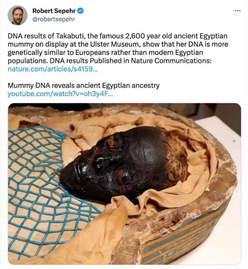 DNA results of Takabuti the famous 2600 year old ancient Egyptian mummy on display at the Ulster Museum show that her DNA is more genetically similar to Europeans rather than modern Egyptian populations DNA results Published in Nature Communications naturecomarticless4159 bertsepehr Mummy DNA reveals ancient Egyptian ancestry youtubecomwatchvoh3y4F