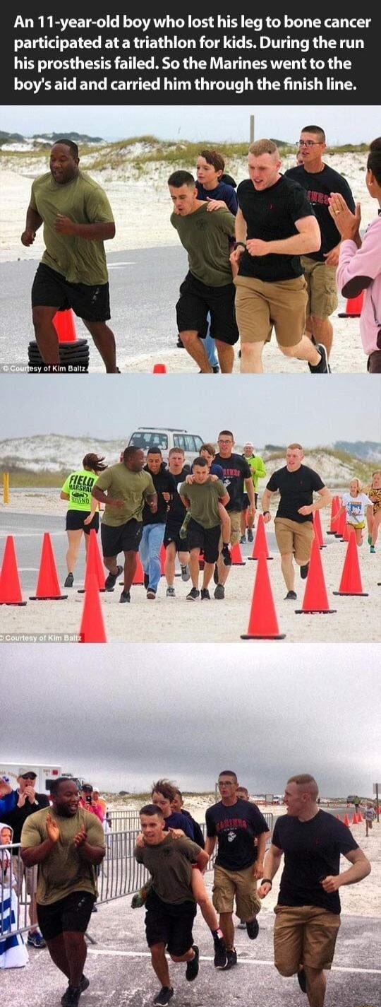 An 11 year old boy who lost his leg to bone cancer participated at a triathlon for kids During the run his prosthesis failed So the Marines went to the boys aid and carried him through the finish line