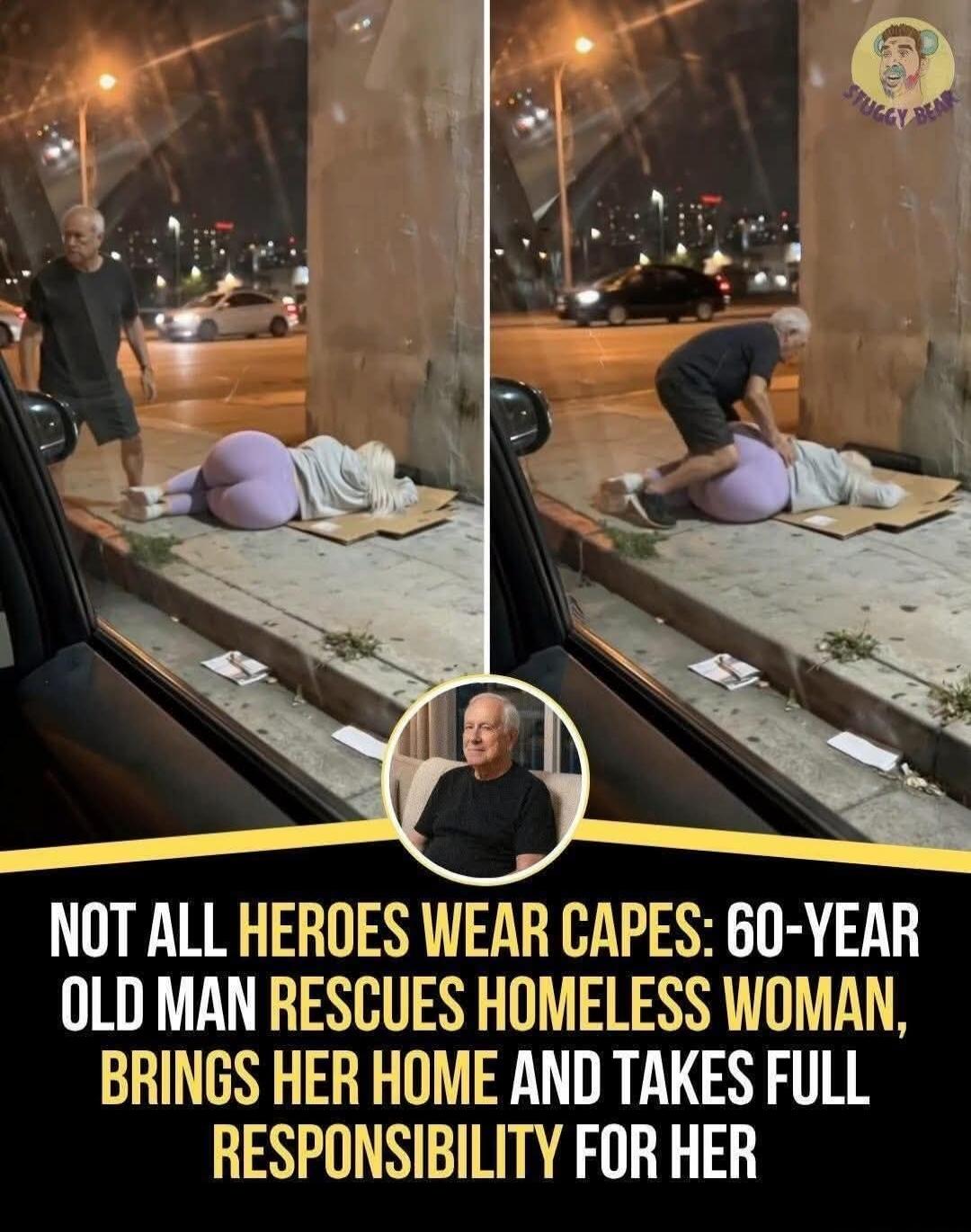 NOT ALL HEROES WEAR CAPES: 60-YEAR OLD MAN RESCUES HOMELESS WOMAN, BRINGS HER HOME AND TAKES FULL RESPONSIBILITY FOR HER. The image shows a man approaching and helping a woman lying on cardboard on the street at night.