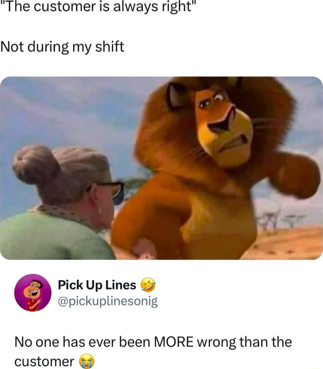The customer is always right Not during my shift P8 Pick Up Lines pickuplinesonig No one has ever been MORE wrong than the customer