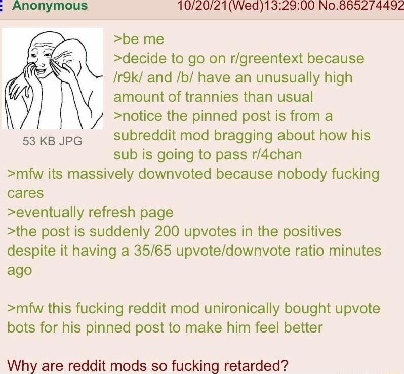 102021Wed132900 No865274492 be me decide to go on rigreentext because Jr9k and b have an unusually high amount of trannies than usual Y notice the pinned post is from a saks G Subreddit mod bragging about how his sub s going to pass rdchan mfw its massively downvoted because nobody fucking cares eventually refresh page the post is suddenly 200 upvotes in the positives despite it having a 3565 upvo