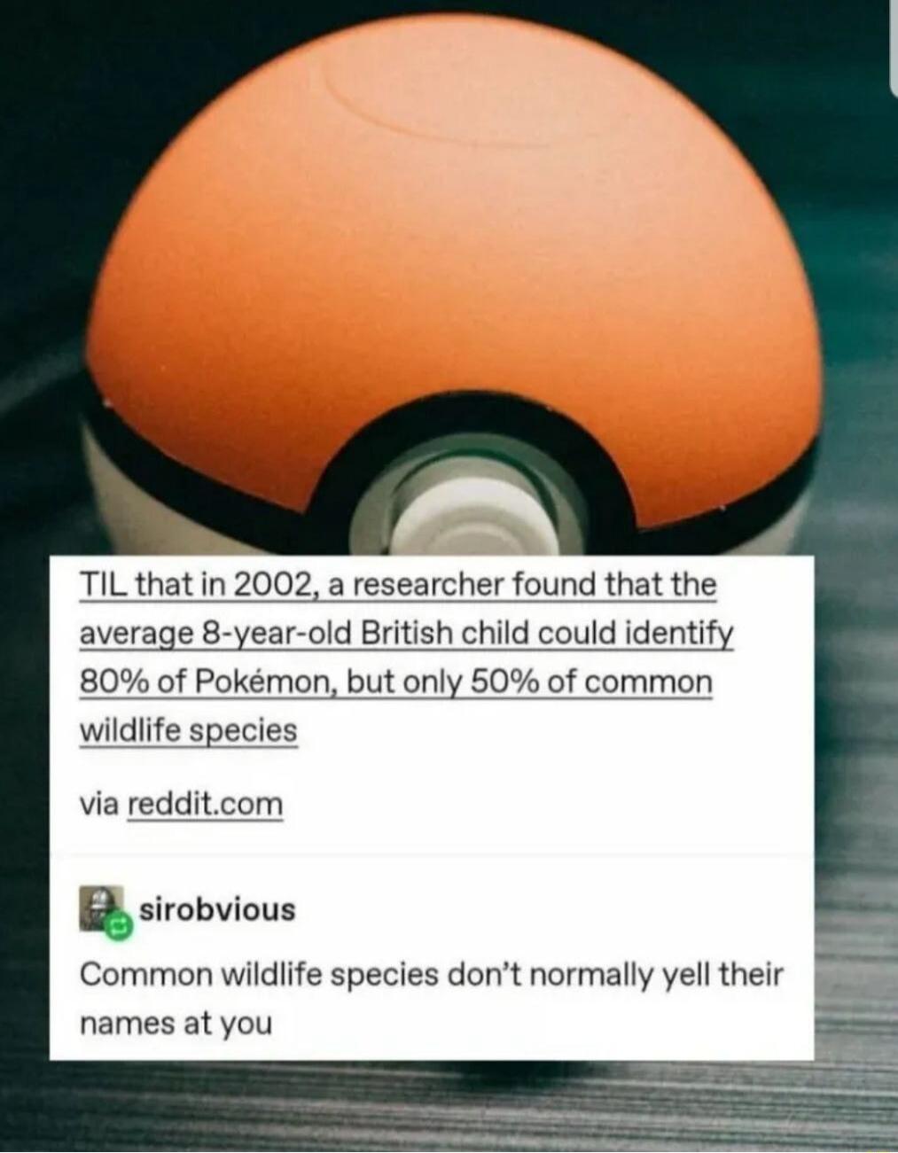 TIL that in 2002 a researcher found that the e8 tify Pokmon but only 50 of common wildife species via redditcom sirobvious Common wildlife species dont normally yell their names at you