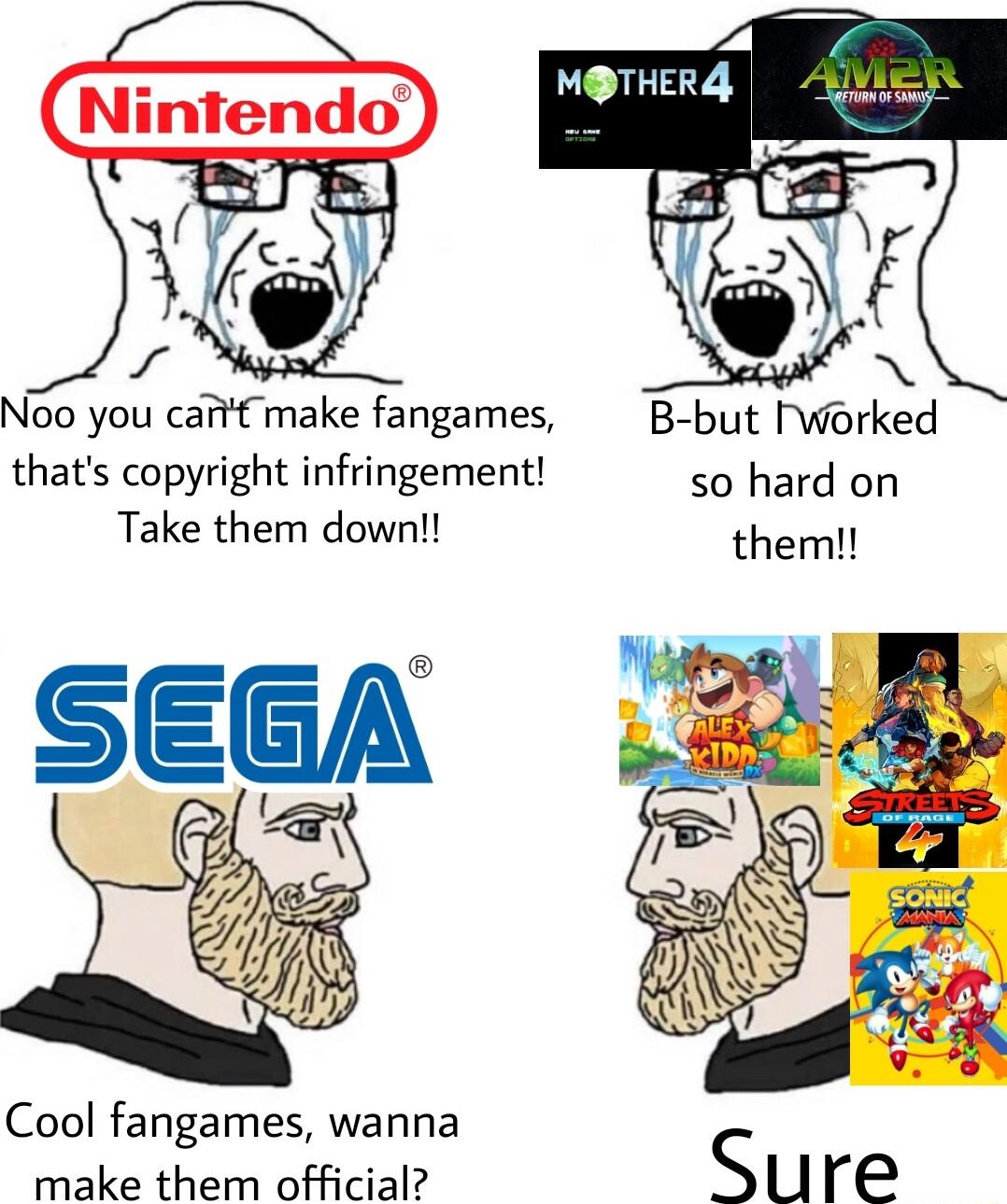 c N NGo you caftt make fangames B but Nworked thats copyright infringement so hard on Take them down them Cool fangames wanna make them official