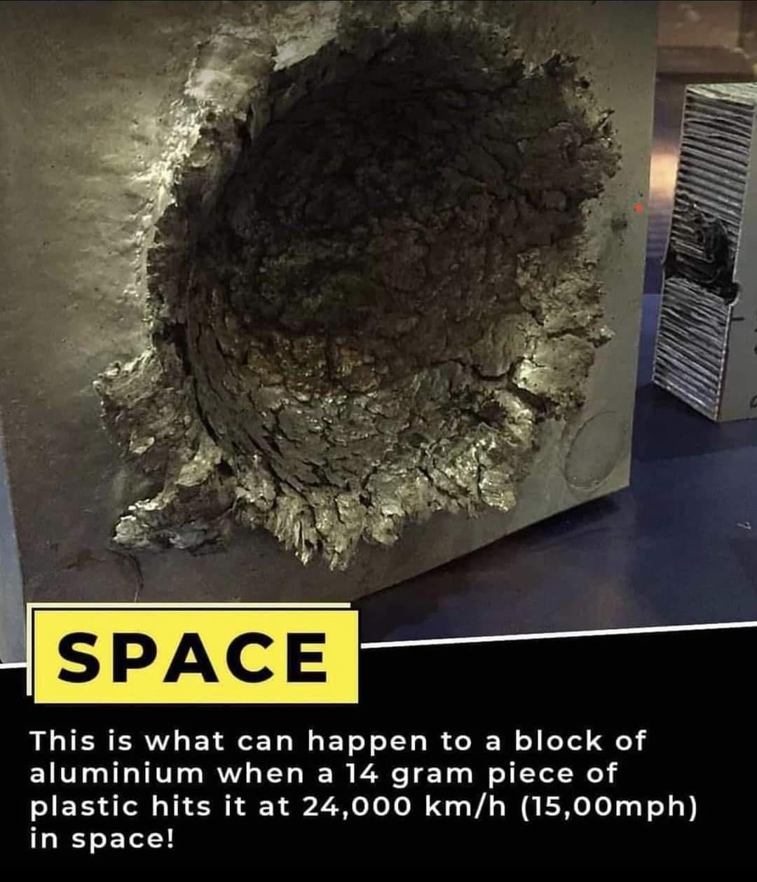 This is what can happen to a block of aluminium when a 14 gram piece of I ET AT TR AR A2 o To Yo M o s VA W A 0 To 4 0 10 in space
