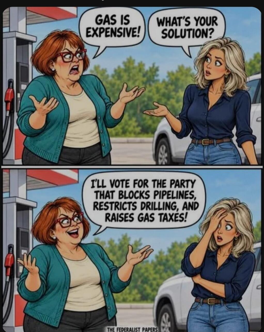 GAS IS EXPENSIVE! WHAT'S YOUR SOLUTION? I'LL VOTE FOR THE PARTY THAT BLOCKS PIPELINES, RESTRICTS DRILLING, AND RAISES GAS TAXES!