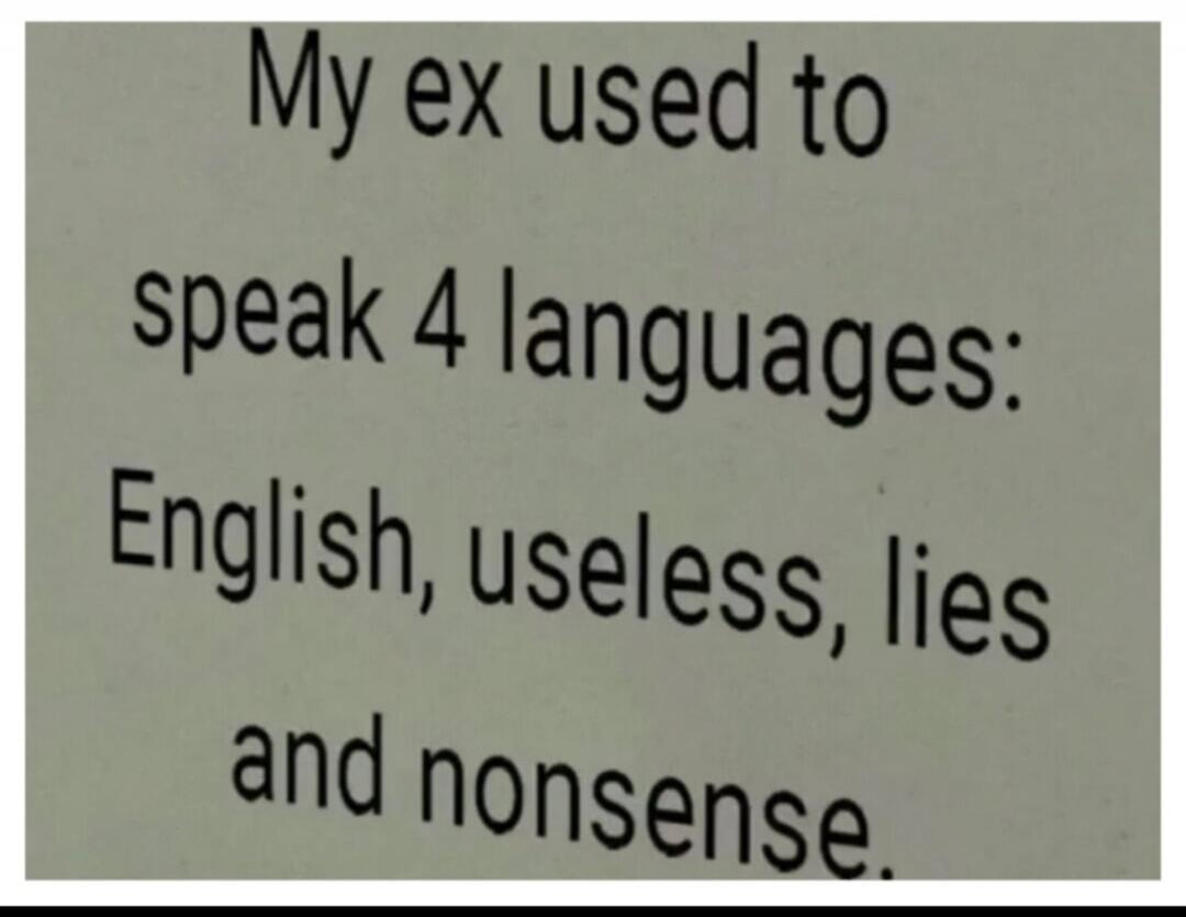 My ex used to speak 4 languages: English, useless, lies and nonsense.