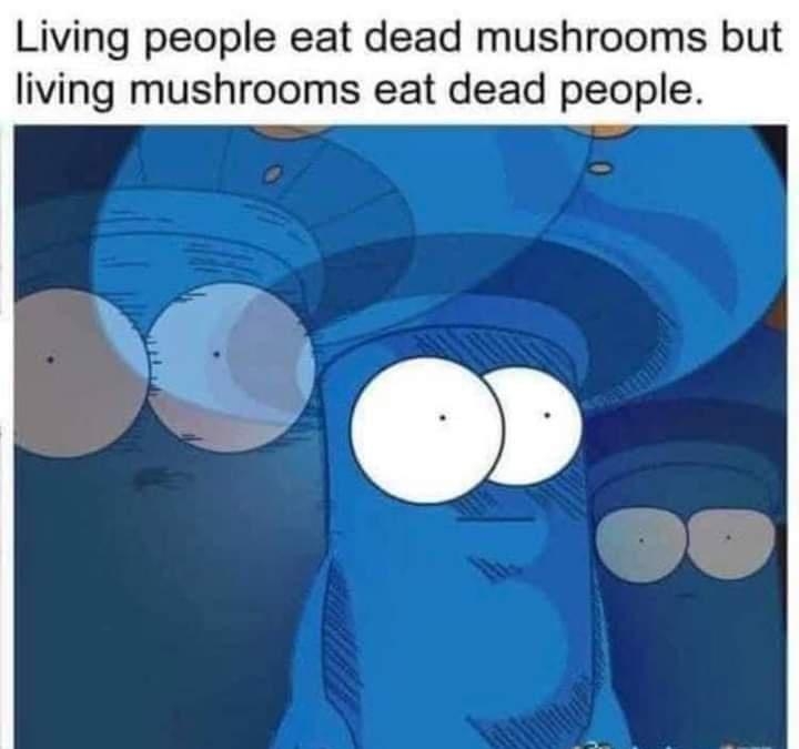 Living people eat dead mushrooms but living mushrooms eat dead people