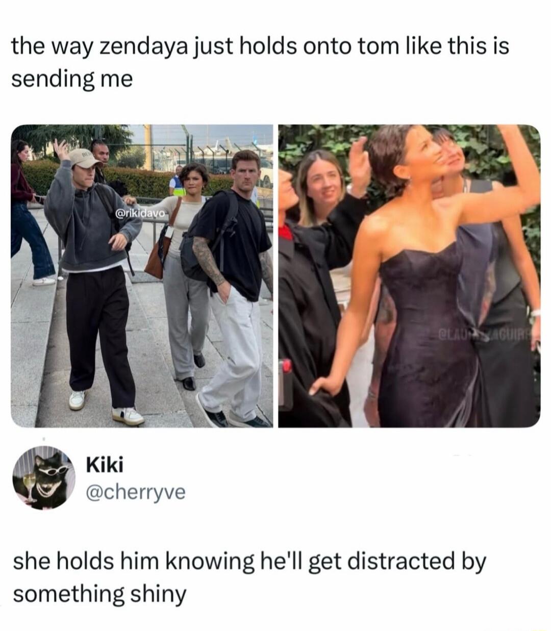 the way zendaya just holds onto tom like this is sending me Kiki @cherryve she holds him knowing he'll get distracted by something shiny