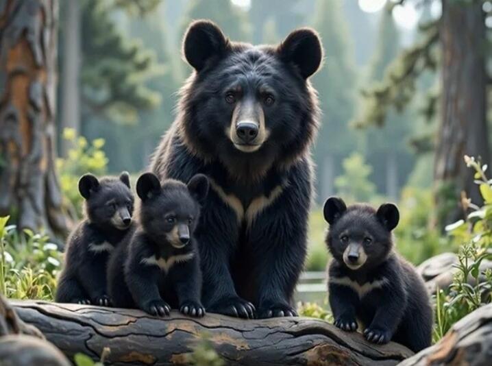 A mother bear with three cubs perched on a fallen log in a forest setting.