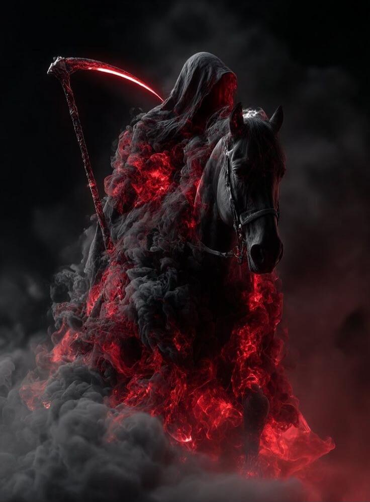 The Grim Reaper on a black horse, surrounded by smoke and fire.