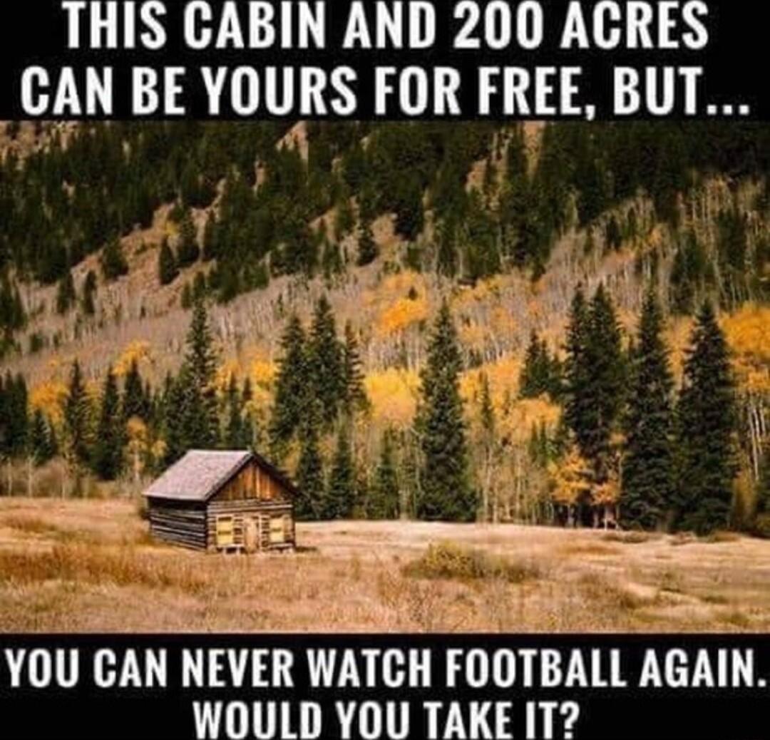 THIS GABIN AND 200 AGRES _CAN BE YOURS FOR FREE BUT L 11 GAN NVER WATGII FOOTBALL AGAIN WOULD YOU TAKE IT