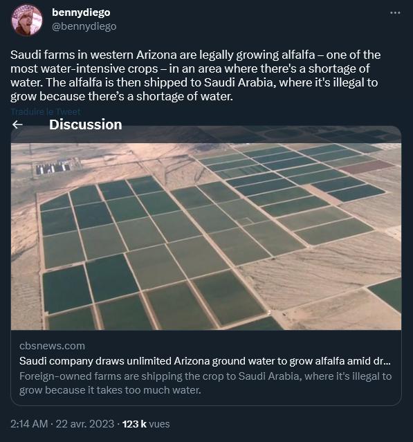 bennydiego Saudifarms in westem Arizona are legally growing alfalfaone of the most water intensive crops in an area where theres a shortage of water The alfalfa is then shipped to Saudi Arabia where its llegal to grow because theres a shortage of water Discussion bsnewscom Saudi company draws unlimited Arizona ground water to grow alfafa a Foreign owned farms are shipping the crop to Saudi Arabla 