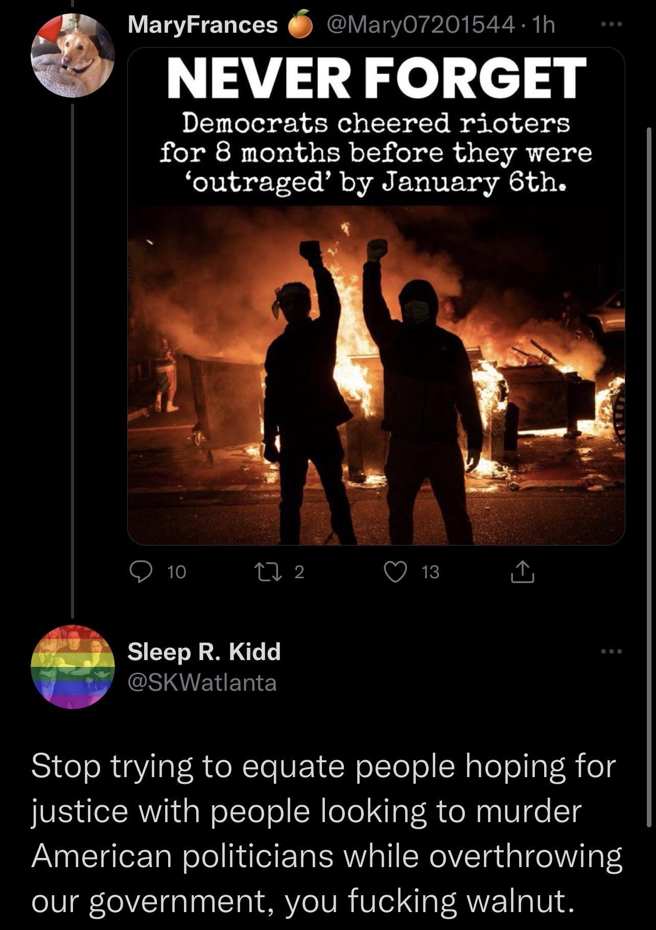 MaryFrances Mary07201544 1h 1A gdelcl Democrats cheered rioters for 8 months before they were outraged by January 6th fa Sleep R Kidd VR VBN Stop trying to equate people hoping for justice with people looking to murder American politicians while overthrowing our government you fucking walnut
