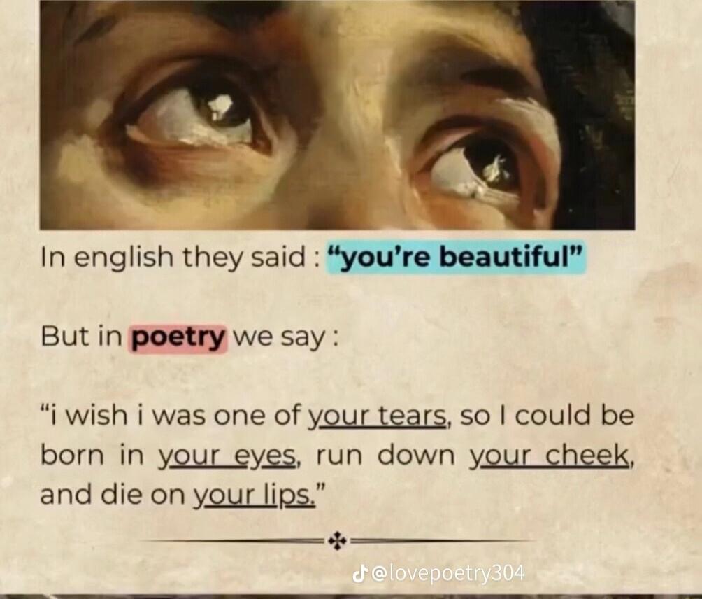 But in poetry we say i wish i was one of your tears so could be born in your eyes run down your cheek and die on your lips 4