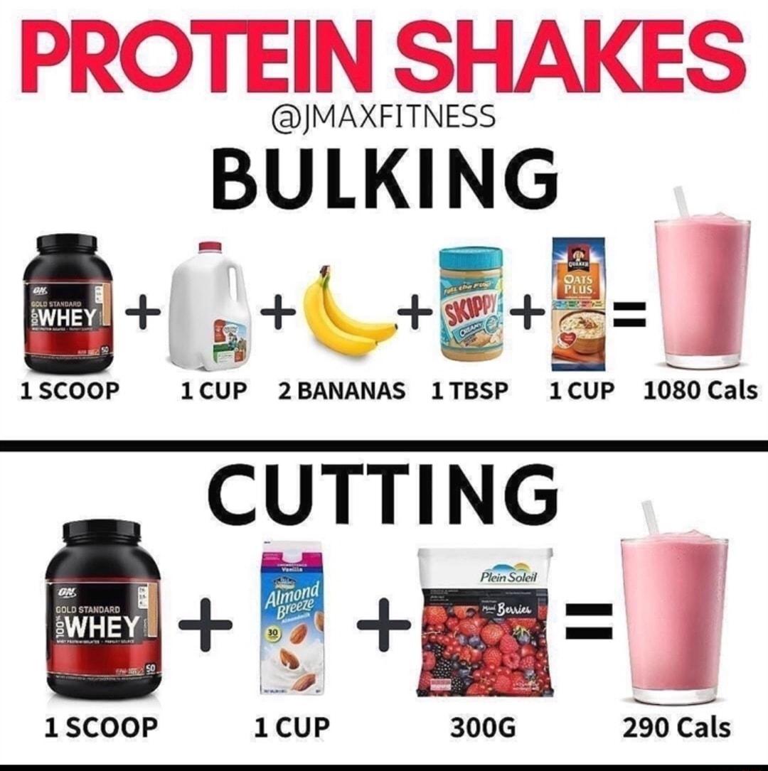 PROTEIN SHAKES JMAXFITNESS BULKING gl 1SCOOP 1CUP 2BANANAS 1TBSP 1CUP 1080 Cals CUTTING e7 m 1 1scoop icup 3006 290 Cals