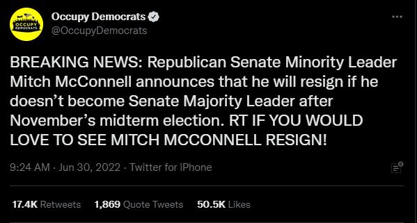 T R BREAKING NEWS Republican Senate Minority Leader L L L doesnt become Senate Majority Leader after Novembers midterm election RT IF YOU WOULD LOVE TO SEE MITCH MCCONNELL RESIGN aK 1809 Cuore 505K