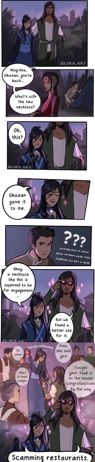 Ming Hua Ghazan youre back Whats with the new necklace Okay a necklace like this is supposed to be for engagement But we found a better use for it Tonight your food is on the house Congratulations by the way