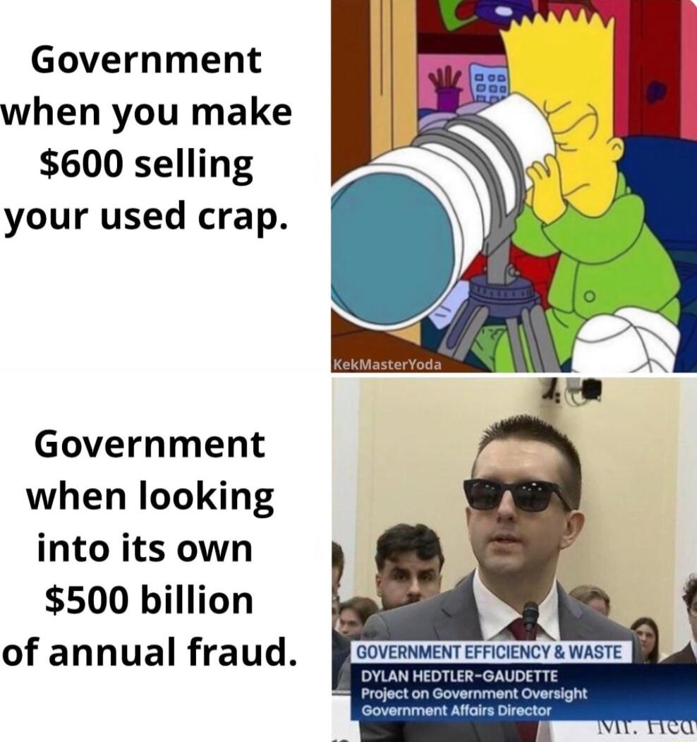 Government when you make 600 selling your used crap Government when looking into its own 500 billion of annual fraud