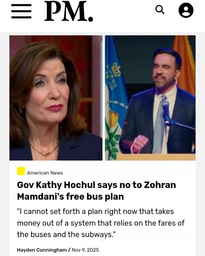 Gov Kathy Hochul says no to Zohran Mamdani's free bus plan
