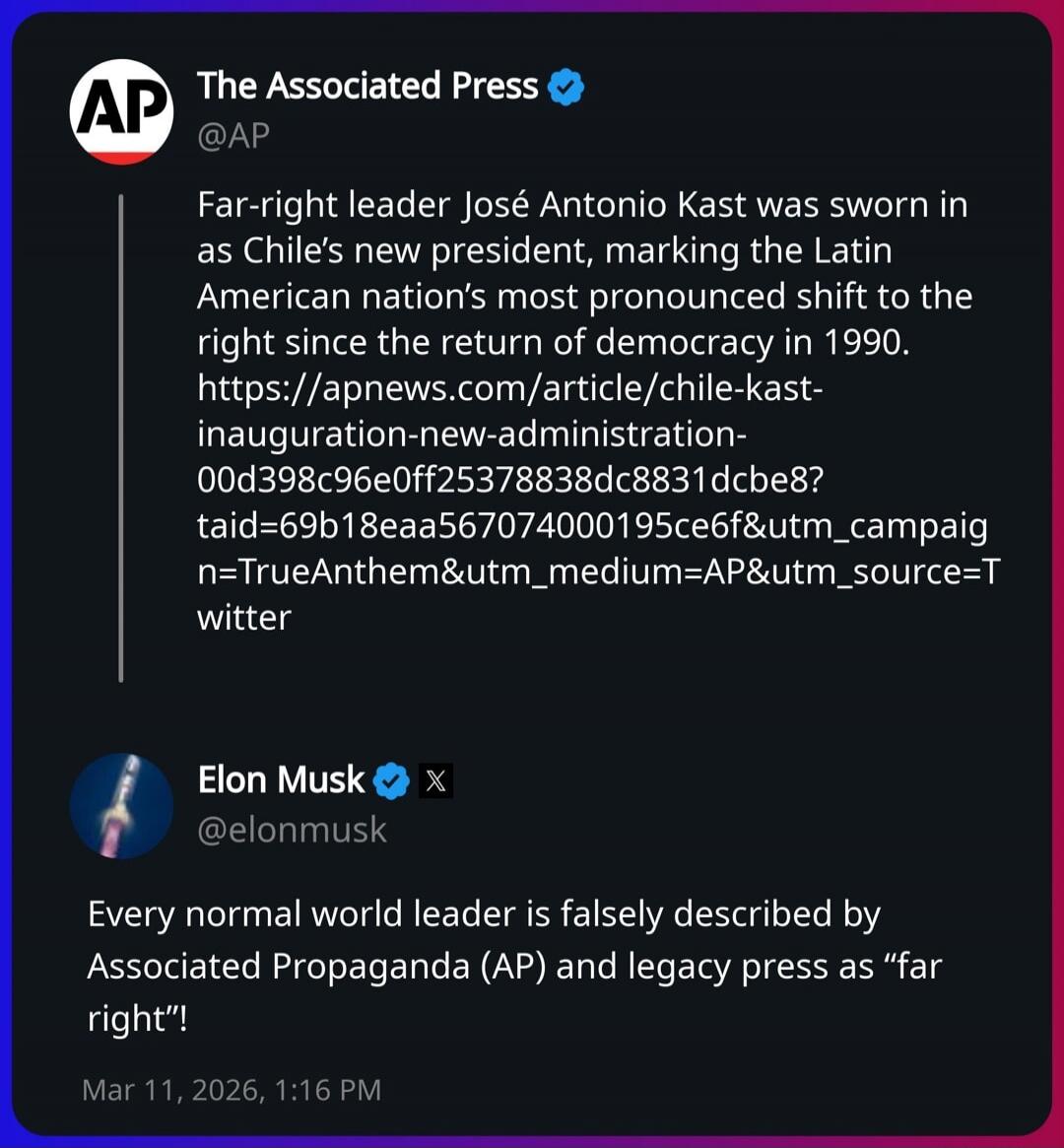 Far-right leader José Antonio Kast was sworn in as Chile's new president, marking the Latin American nation's most pronounced shift to the right since the return of democracy in 1990. https://apnews.com/article/chile-kast-inauguration-new-administration-00d398c96e0ff25378838dc8831dcbe8?taid=69b18eaa567074000195ce6f&utm_campaign=TrueAnthem&utm_mediu