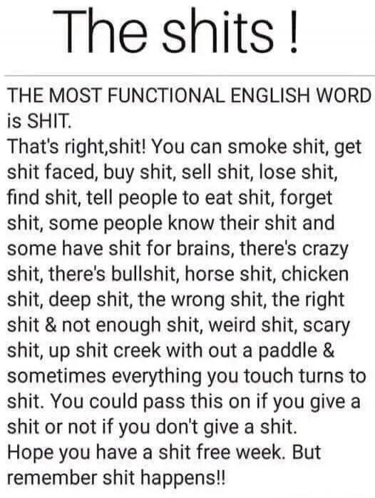The shits! THE MOST FUNCTIONAL ENGLISH WORD IS SHIT. That's right, shit! You can smoke shit, get shit faced, buy shit, sell shit, lose shit, find shit, tell people to eat shit, forget shit, some people know their shit and some have shit for brains, there's crazy shit, there's bullshit, horse shit, chicken shit, deep shit, the wrong shit, the right 