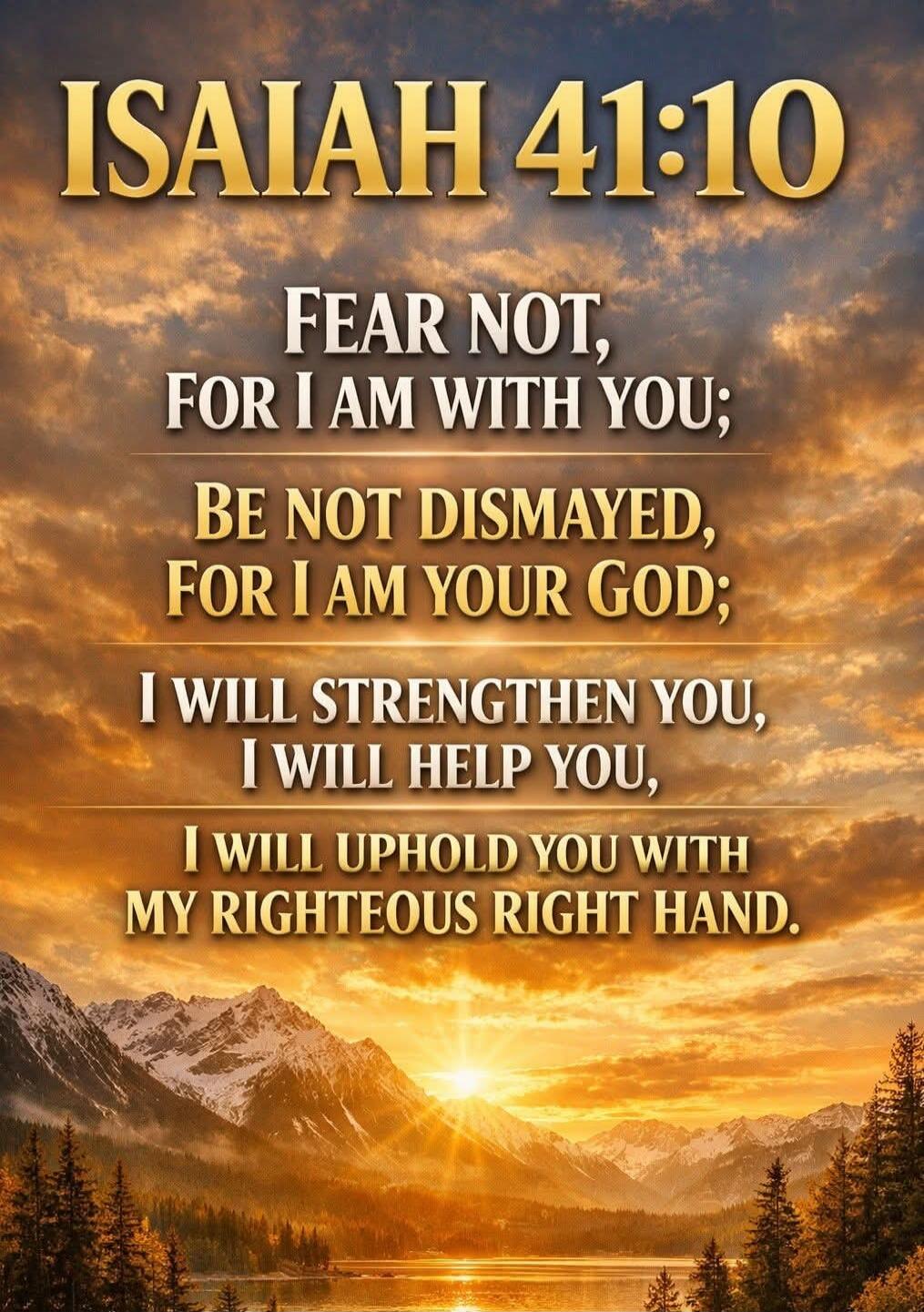 ISAIAH 41:10
FEAR NOT,
FOR I AM WITH YOU;
BE NOT DISMAYED,
FOR I AM YOUR GOD;
I WILL STRENGTHEN YOU,
I WILL HELP YOU,
I WILL UPHOLD YOU WITH
MY RIGHTEOUS RIGHT HAND.