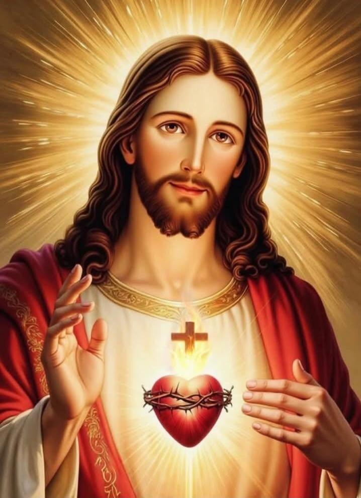 Image shows a stylized depiction of Jesus with a radiant halo, wearing red robes, and a glowing Sacred Heart visible at chest level.