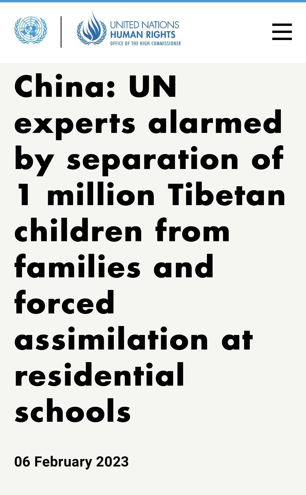 f UNITED NATIONS QR China UN experts alarmed by separation of 1 million Tibetan children from families and forced assimilation at residential schools 06 February 2023
