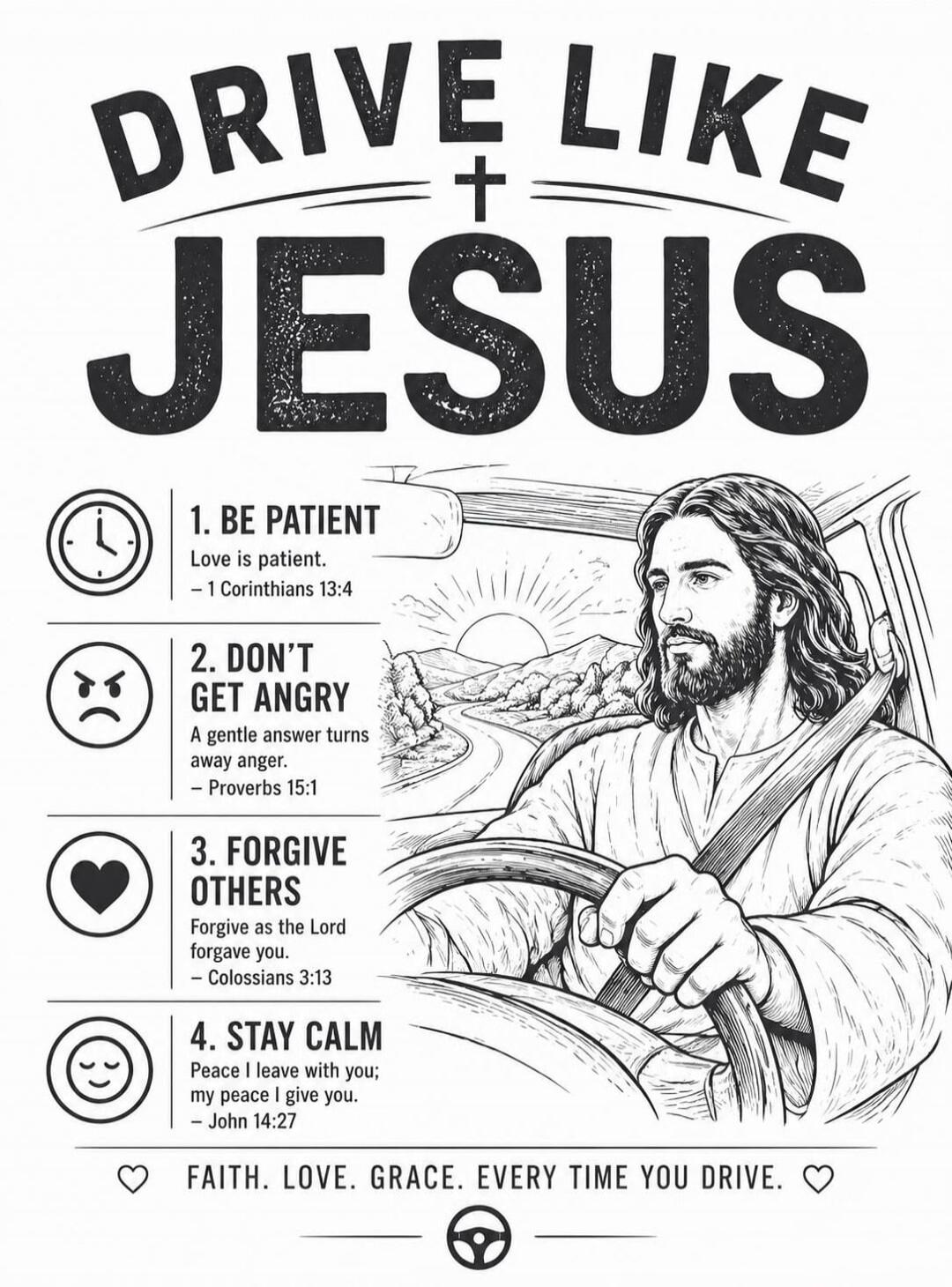 DRIVE LIKE JESUS 1. BE PATIENT Love is patient. - 1 Corinthians 13:4 2. DON'T GET ANGRY A gentle answer turns away anger. - Proverbs 15:1 3. FORGIVE OTHERS Forgive as the Lord forgave you. - Colossians 3:13 4. STAY CALM Peace I leave with you; my peace I give you. - John 14:27 FAITH. LOVE. GRACE. EVERY TIME YOU DRIVE.