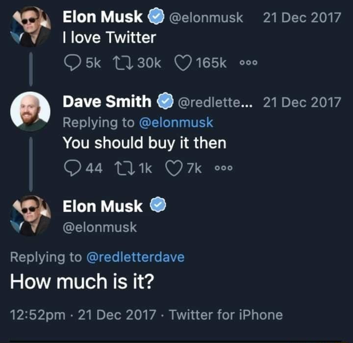 Elon Musk clonmusk 21 Dec 2017 A love Twitter O sk 1130k 165k ooo Dave Smith rediette 21 Dec 2017 RE VIl e RCRCLE TNV You should buy it then Qa4 U1k Q7k oeo Elon Musk v CE LIRS RE o Tale R R I EIG EIVCY Ve o WS 1 4 1252pm 21 Dec 2017 Twitter for iPhone