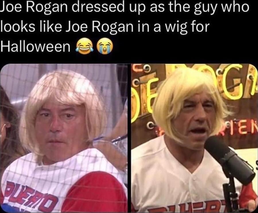 oe Rogan dressed up as the guy who looks like Joe Rogan in a wig for Halloween