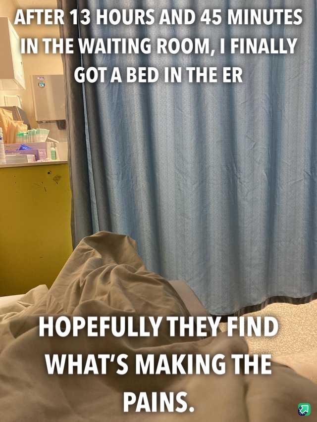 AFTER 13 HOURS AND 45 MINUTES b l EWAITINGROOM 1 FINALLY B GOTABED NTHE ER 1 i i o o p e i v HOPEFULIYTHEY F WHATS MAKING T PALI_S a