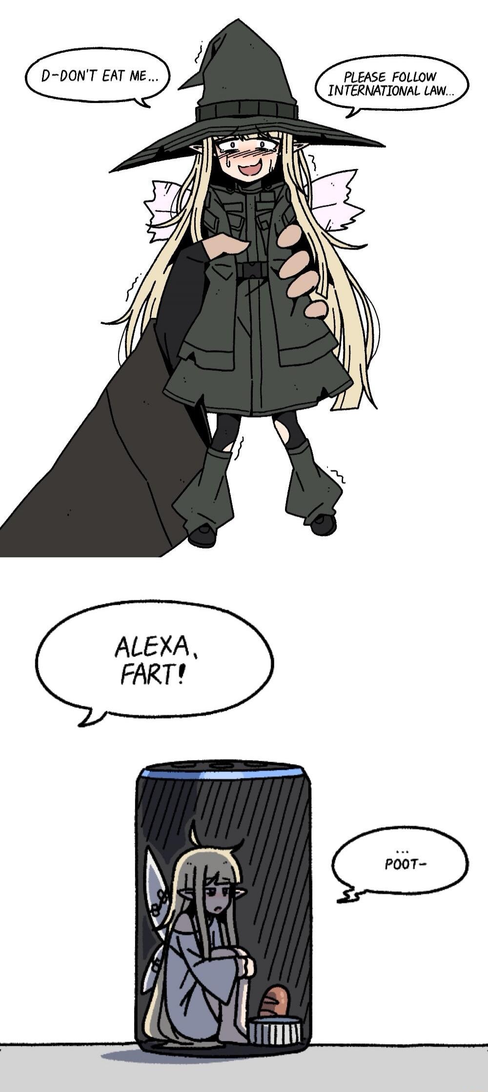 D-DON'T EAT ME... PLEASE FOLLOW INTERNATIONAL LAW... ALEXA, FART! POOT-