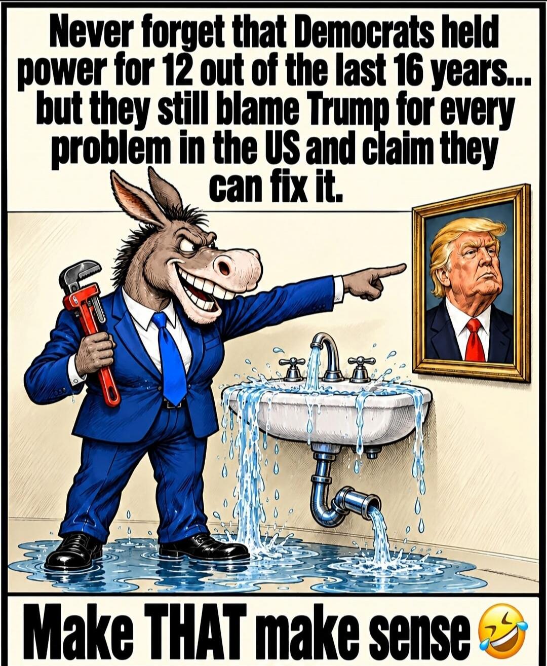 Never forget that Democrats held power for 12 out of the last 16 years... but they still blame Trump for every problem in the US and claim they can fix it. Make THAT make sense