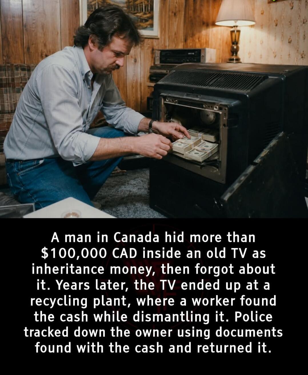 A man in Canada hid more than $100,000 CAD inside an old TV as inheritance money, then forgot about it. Years later, the TV ended up at a recycling plant, where a worker found the cash while dismantling it. Police tracked down the owner using documents found with the cash and returned it.