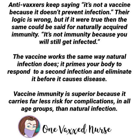 Anti vaxxers keep saying its not a vaccine because it doesnt prevent infection Their logic is wrong but if it were true then the same could be said for naturally acquired immunity Its not immunity because you will still get infected The vaccine works the same way natural infection does it primes your body to respond to a second infection and eliminate it before it causes disease Vaccine immunity i