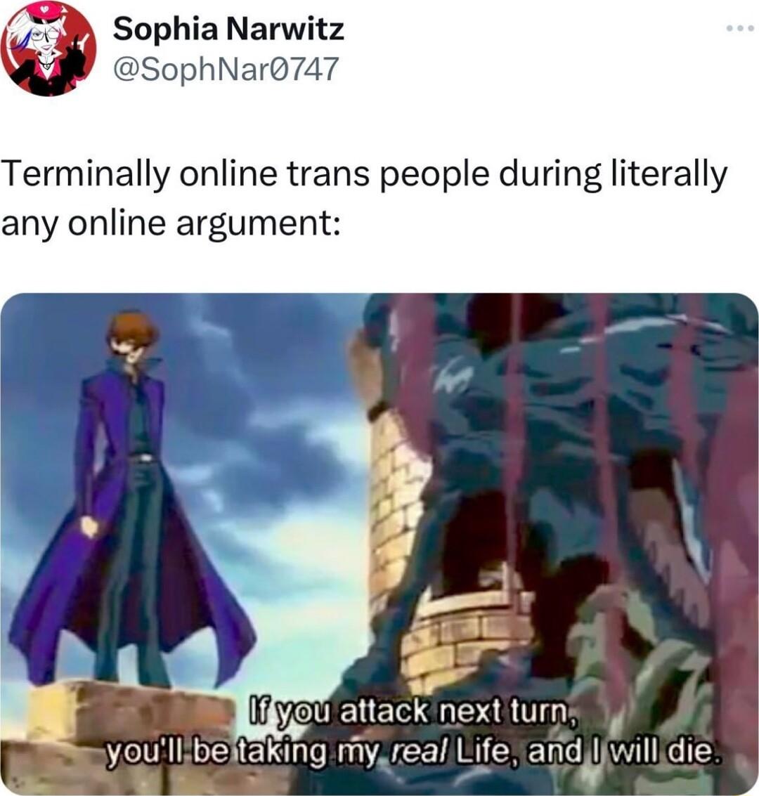 Sophia Narwitz d SophNar747 Terminally online trans people during literally any online argument you attack next turn l you llbeitaking myreal Life andljwilldie 1 L