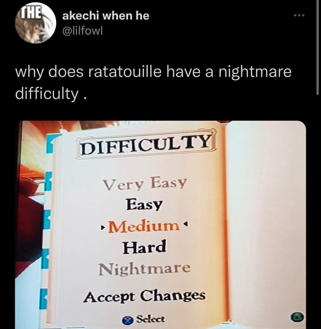 fl akechi when he A why does ratatouille have a nightmare difficulty I DIFFICULTY Easy Hard Accept Changes Scloct