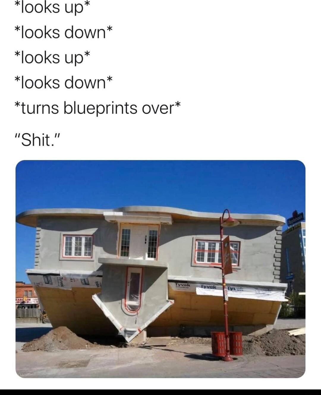 looks up looks down looks up looks down turns blueprints over Shit