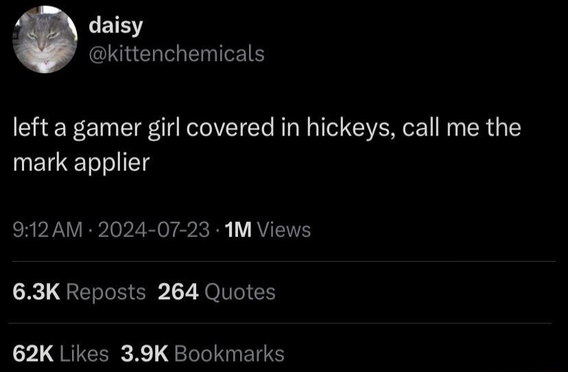 EIEY kittenchemicals left a gamer girl covered in hickeys call me the mark applier 912AM 2024 07 23 1M Views 63K Reposts 264 Quotes 62K Likes 39K Bookmarks